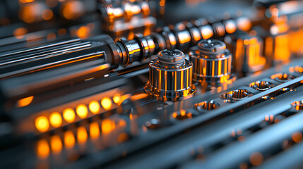 A close-up view of intricate metallic components featuring glowing orange accents, showcasing technology and engineering design.