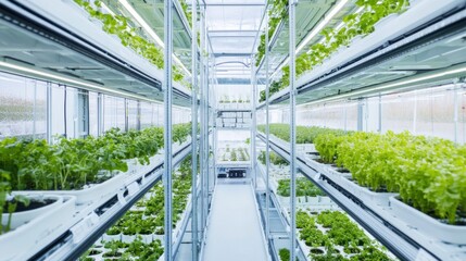 A vertical farming system, high-tech urban farming facility with automated crop care, Agri-tech style