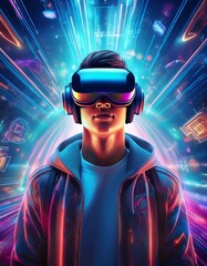 Ein junger Mann tr&auml;gt eine VR Brille und ist in der virtuellen Welt abgetaucht.