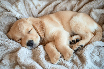 Golden retriever puppy sleeping on a soft blanket