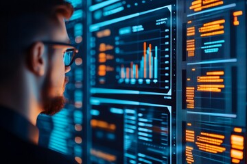 Real-time marketing analytics. Man observing data analytics on a digital display interface.