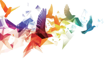 The image features a flock of stylized birds rendered in a geometric, origami-like style.  The birds are composed of colorful polygons, primarily triangles, in various shades of red, orange,