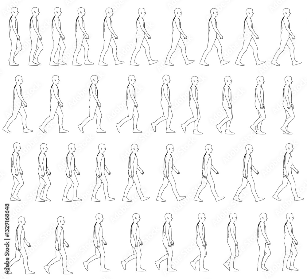 Poster a series of people walking in a line. the people are all the same size and are walking in a straight
