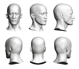 The image is a series of six different headshots of a man's head. The headshots are all in black and white and are all of the same size. The concept of the image is to show the different angles