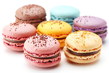 Macarons colored, dessert french pastry with cream, close up white background isolate.