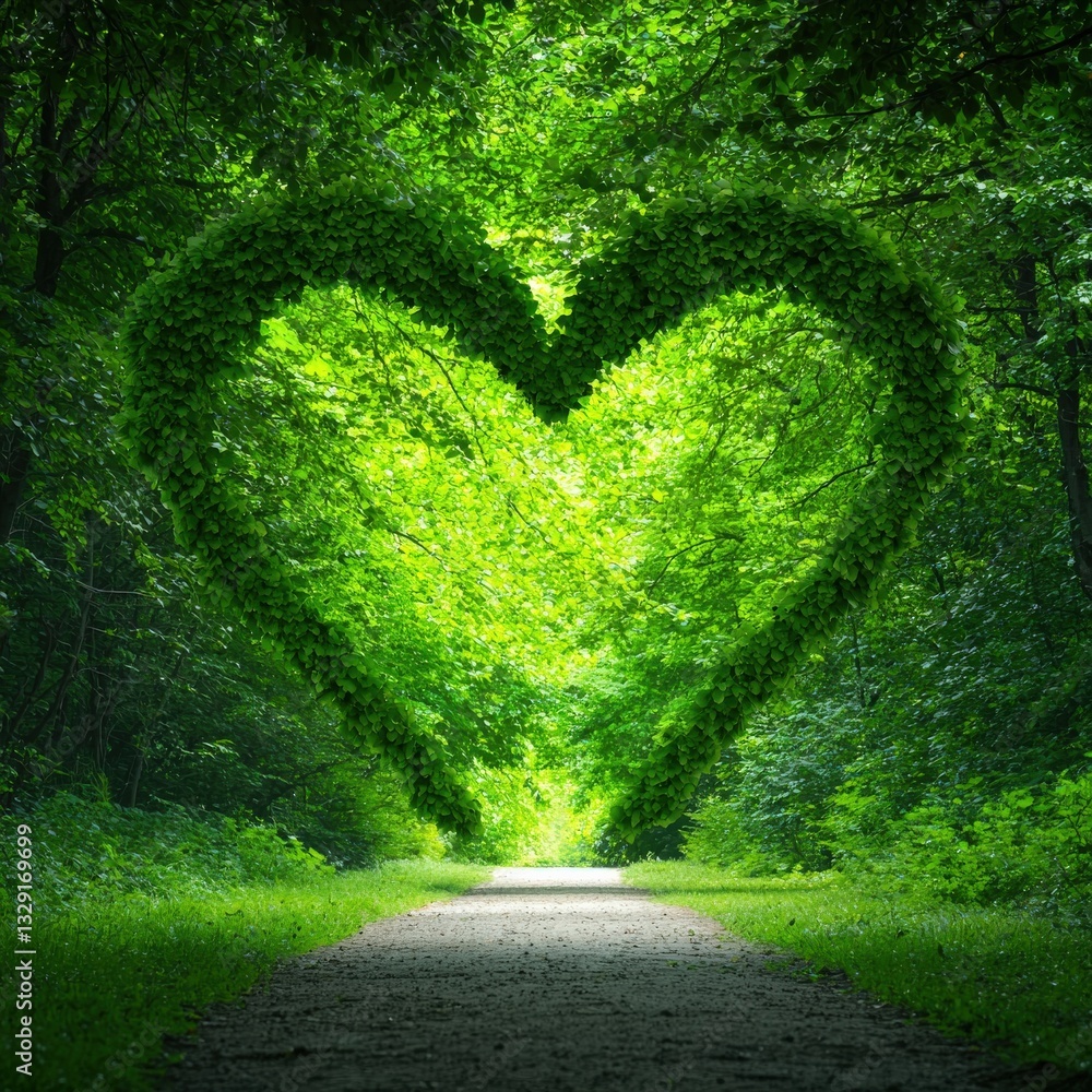 Poster a tree-lined path where the canopy forms the shape of a heart.