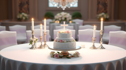 Elegantly set table for First Holy Communion, featuring a decorated cake, candles, and delicate white details symbolizing purity and celebration.
