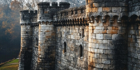 Medieval fortified stone wall featuring towers and loopholes in a tranquil landscape. Header banner mockup with copy space.