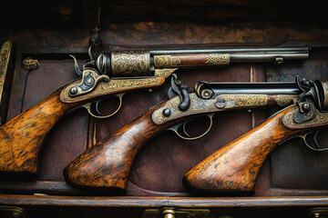Vintage flintlock pistols displayed in ornate case showcasing medieval craftsmanship