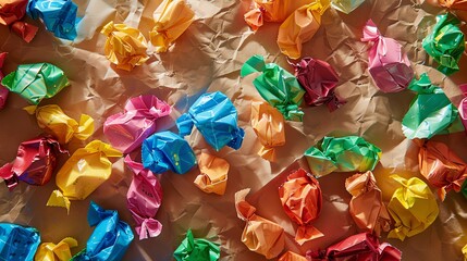 A close up of colorful candy wrappers on a brown background.