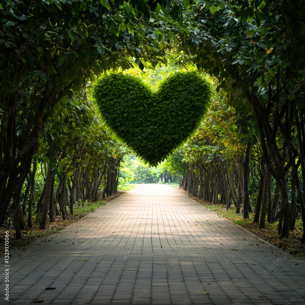 Poster a tree-lined path where the canopy forms the shape of a heart.