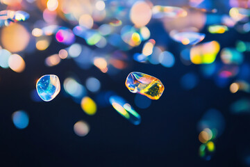 Microplastics floating in water, close-up view capturing their colorful appearance and translucency, environmental awareness theme