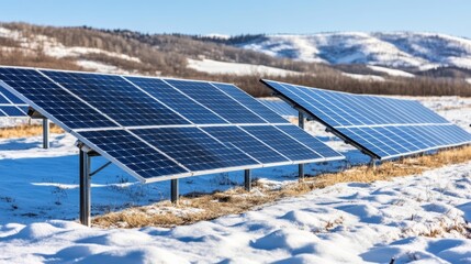 Solar panels generate power in snowy field near snow-covered mountain range