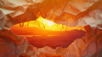 A sunset viewed through a torn piece of paper.