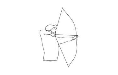 Fototapeta premium One single line drawing of young archer man focus exercising archery to hit the target, Continuous single line sketch drawing of professional archer bow athlete aiming target vector illustration.