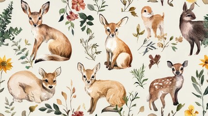 a beautiful watercolor pattern featuring various animals.