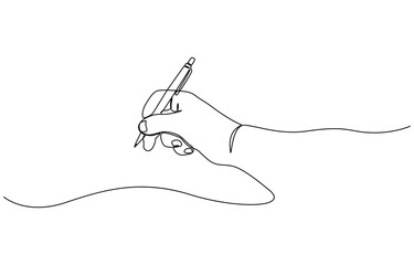 Hand holding pen Continuous line drawing. Hand drawing line with pen in one line drawing, line art hand writing continuous line art drawing hand with pen line art illustration.