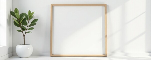 Blank white wooden frame on white wall Minimalist interior detail , mockup, background, blank