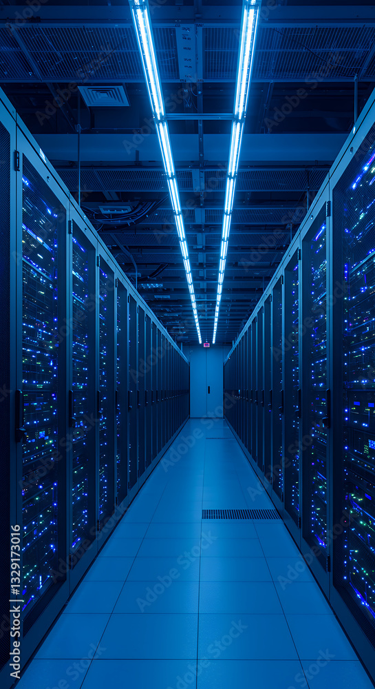 Poster server room: data center's heartbeat | blue-lit servers, it infrastructure, cloud computing, & high-
