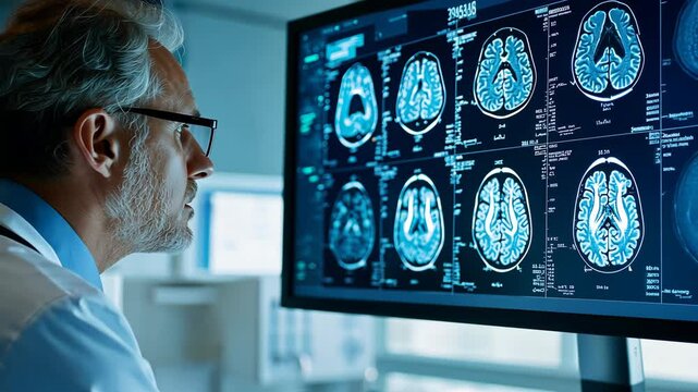 A neurosurgeon examines brain scans in a cutting-edge medical facility.