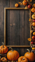 Obraz premium Fall-themed frame background with pumpkins, leaves, and seasonal items.