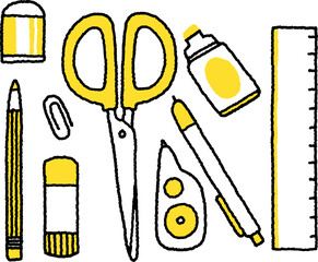 심플하고 투박한 스타일의 노랑톤 문구류 일러스트 벡터