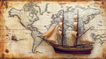 Vintage ship model on antique world map.