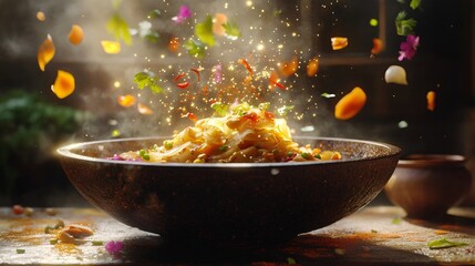 Fantasy Pad Thai Recipe Preparation with Ingredients in Magical Setting