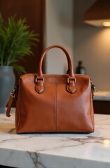 fashionable brown leather handbag on marble countertop in bright kitchen. fashion accessory with elegant design. lifestyle, store sale poster with rich sophisticated retro style