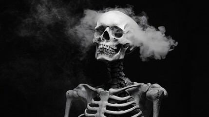 Ethereal Skeleton Silhouette Amidst Swirling Smoke on Dark Background