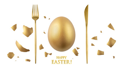 Painted in gold single natural easter chicken egg with broken shell, fork and knife flying isolated on white background. One golden festive egg closeup.
