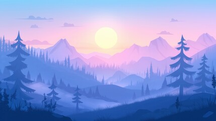 Sunrise over misty forested mountains