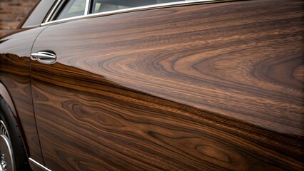 Elegance of Wood: A close-up view highlights the rich texture and natural grain of a car's wooden paneling, reflecting luxury and craftsmanship. 