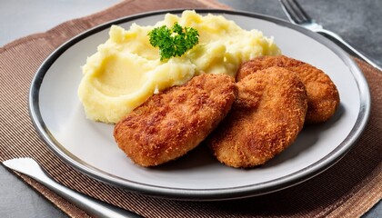 Generated image A plate of milanesas (breaded and fried meat cutlets) served with mashed potatoes