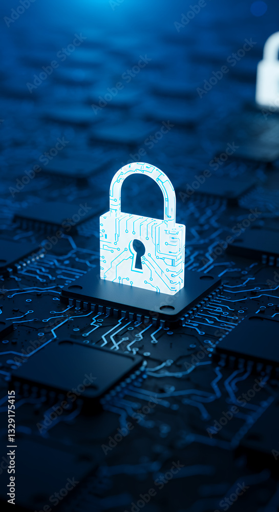 Poster secure tech: digital lock on circuit board - cybersecurity, data protection & futuristic technology 
