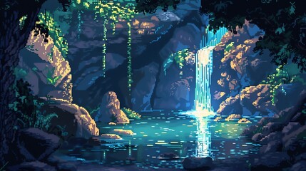 A pixelated illustration of a waterfall in a lush, green jungle.