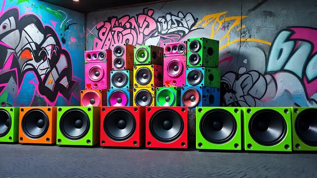 Vibrant Stacked Speakers in a Graffiti-Covered Underground Music Venue with Bright Neon Colors and Urban Street Art


