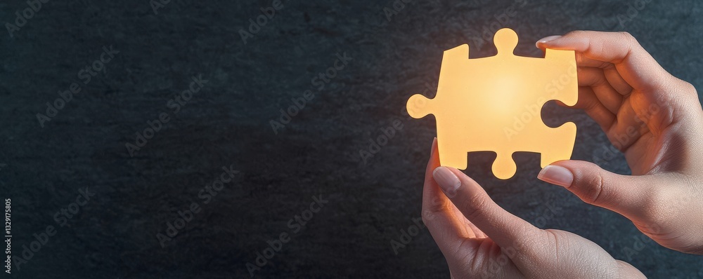 Poster create opportunities development goal-setting concept. glowing puzzle piece held between hands on a 