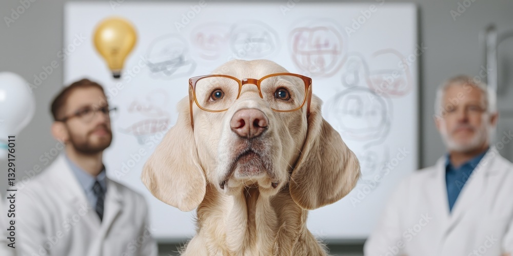 Poster create opportunities development goal-setting concept. smart dog in glasses with scientists in the b