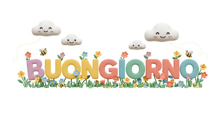 Obraz premium Buongiorno Pastel Floral Illustration with Cute Bees and Clouds