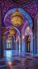 Ornate interior with hanging lamps and arched architectural details