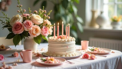 Naklejka premium A festive white cake on a table decorated with pink flowers and candles, complemented by a vase of fresh roses. Perfect for celebrating special occasions.