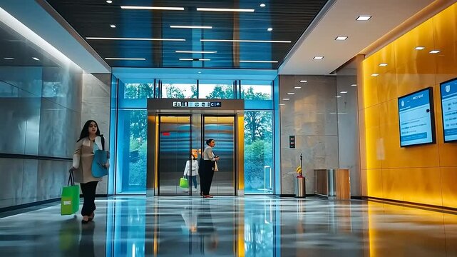Modern office lobby with people interacting, elevators, and vibrant lighting in urban setting
