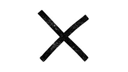 Obraz premium A black cross or X mark, drawn with a brush, with little dots inside it, on a white background.