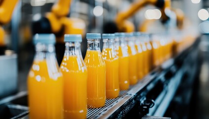 Automated Bottling Line: Orange Juice Production, Efficiently Filling Bottles on Conveyor Belt System, High-Speed Automated Process