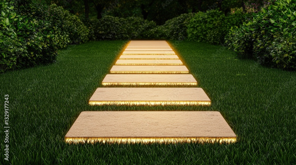 Poster create opportunities development goal-setting concept. pathway of illuminated stones in a lush green