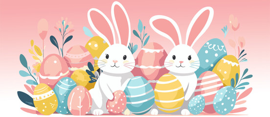 Cute Easter Bunny with Colorful Decorated Eggs