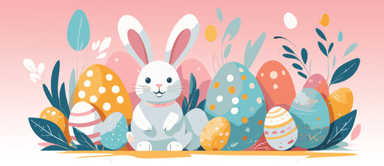 Cute Easter Bunny with Colorful Decorated Eggs