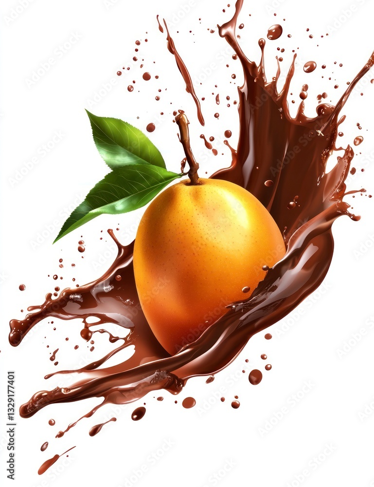 Poster pear surrounded by splashing chocolate on white background for food concepts