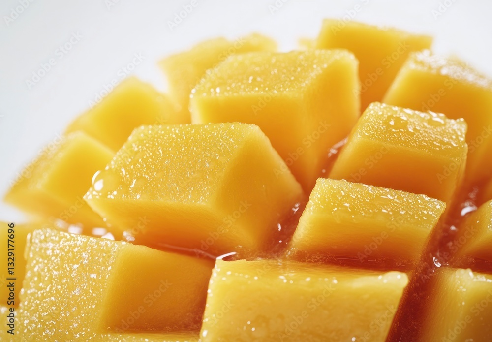 Poster close-up of fresh mango cubes stacked in pyramid shape with light